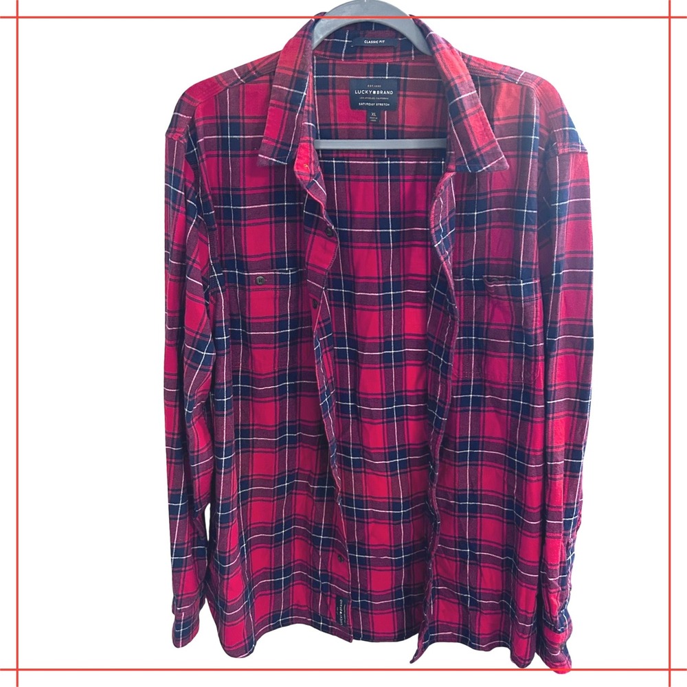 Lucky Brand Classic Fit Plaid Flannel Shirt Men's XL Saturday Stretch Red Navy
